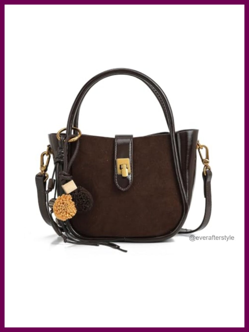 Vintage Faux Suede Top Handle Satchel Bag with Gold Turn-Lock Hardware
